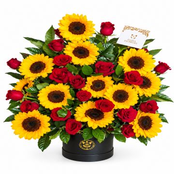 Arreglo de girasoles, rosas